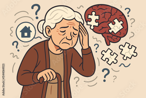 Alzheimer's disease concept with sad elderly woman. Dementia and memory loss metaphor with brain as puzzle. Senior person confused. Mental health disorder, cognitive decline vector.