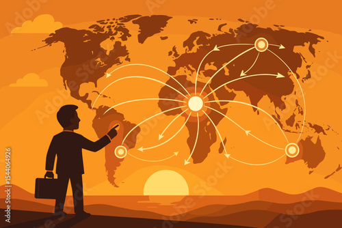 Businessman managing global network on a world map. International business, trade, globalization, data exchange, and logistics concept. Corporate vision for worldwide expansion.