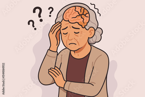 Elderly woman's struggle with memory loss, confusion, and cognitive decline from Alzheimer's disease or dementia. Brain damage, mental health awareness, senior challenges vector cartoon illustration.