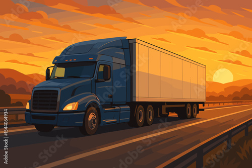 Semi trailer truck driving on highway at sunset, logistics transport industry concept, night road freight shipping vehicle, cargo transportation, delivery, commercial trucking, vector illustration