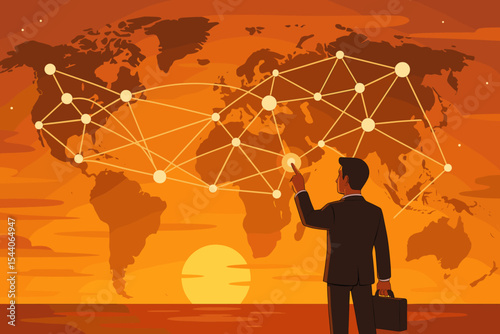 Businessman connecting to global network, exchanging data worldwide at sunset. International digital technology communication concept with world map background. Vector illustration.