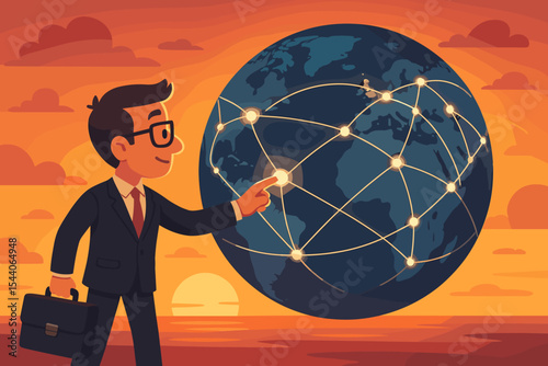 Businessman connecting to global network, exchanging data worldwide. Vector illustration of digital communication, internet connectivity, international business, and technological growth at sunset.