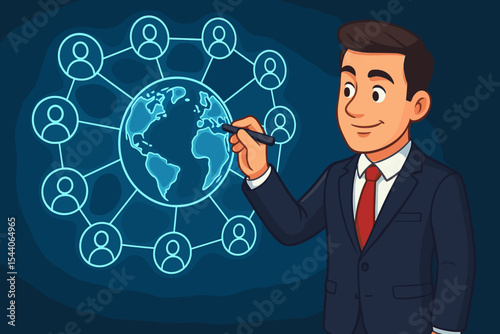 Businessman visualizing global customer network connections on digital hologram screen. Corporate strategy for worldwide business growth, communication, and social media marketing vector cartoon.
