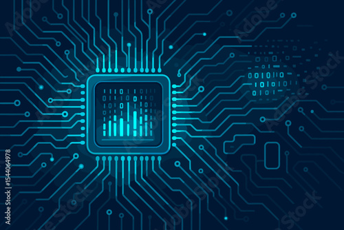 Futuristic Electronic Circuit Board with Glowing Digital Code, Microchip Technology Concept, Data Processing Illustration, Abstract Blue Tech Background Vector Art