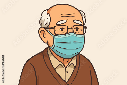 Elderly man in brown cardigan wearing medical face mask, senior citizen safety precaution, COVID-19 prevention, healthcare protection, virus pandemic, cartoon vector illustration on light background