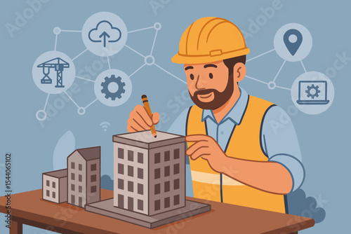Engineer architect working on building model with construction technology icons. Concept of BIM, smart building, real estate development, project planning, and digitalization. Vector.