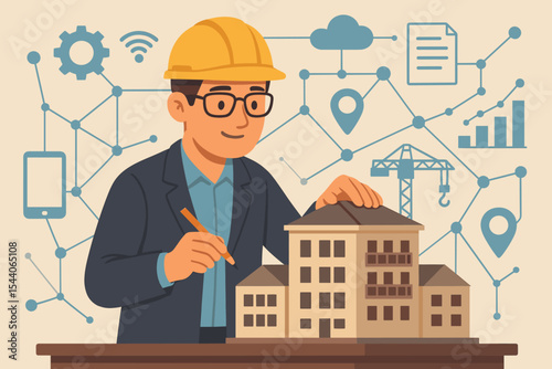 Engineer architect plans future smart construction, building model, urban development, digital technology, network, IoT, BIM, data analysis, project management, innovation. Modern vector illustration.