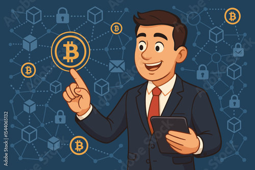 Businessman interacting with bitcoin blockchain network. Cryptocurrency investor analyzing digital assets. Secure crypto transaction technology. Blockchain security concept. Vector illustration