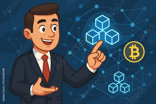 Businessman in Suit Interacting with Blockchain Network and Bitcoin Cryptocurrency Symbol on Digital Virtual Screen. Blockchain Technology Concept. Vector Cartoon Illustration. Finance, Innovation
