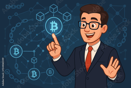 Businessman interacting with virtual blockchain network, cryptocurrency and bitcoin symbols, digital finance technology, fintech innovation, secure transaction concept, vector cartoon illustration