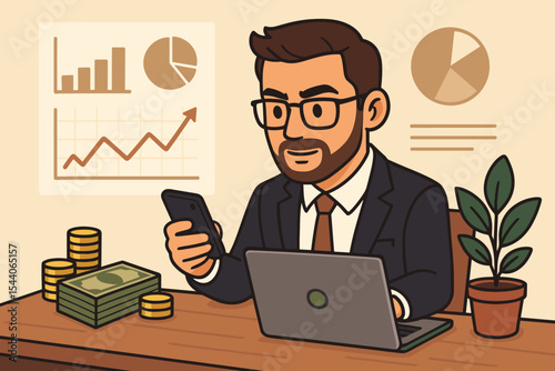 Businessman entrepreneur analyzing financial data on laptop and phone. Investor at desk checking stock market report with growth chart for strategic planning. Success and profit concept. Vector.