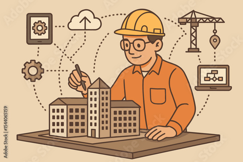 Engineer and architect planning with a building model and construction technology icons. BIM, cloud computing, and project management workflow. Smart city development vector concept.