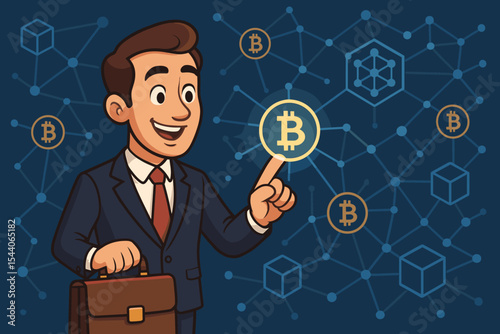 Businessman in suit interacting with virtual cryptocurrency blockchain network, digital bitcoin investment, financial technology, fintech innovation, trading, network security concept vector