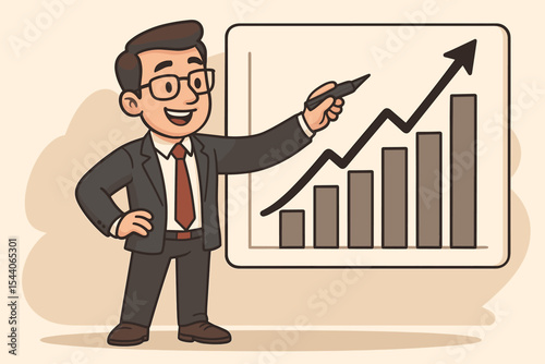 Cartoon businessman presenting a rising graph chart. Happy manager explaining business growth strategy. Concept of financial success, profit increase, marketing analysis, and data.