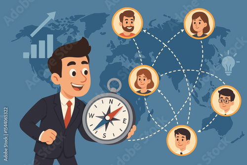 Businessman with Compass Navigates Global Marketing Strategy, Connecting International Customer Network, Business Communication, Worldwide Teamwork, Vector Illustration, Growth Concept