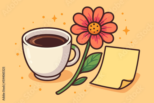 Cheerful morning coffee cup with blooming flower and blank paper note. Cute cartoon vector still life, cozy breakfast desk scene, positive workspace concept, bright pastel illustration