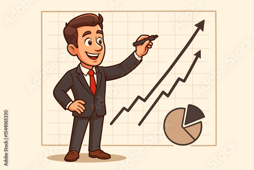 Businessman entrepreneur drawing a rising graph. Concept of positive business growth strategy and success. Manager presenting financial profit analysis with chart and diagram. Vector cartoon.