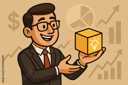 Businessman presenting innovation concept cube. Financial growth strategy. Creative problem solving. Investment idea. Market analysis. Success, leadership, business plan vector illustration.