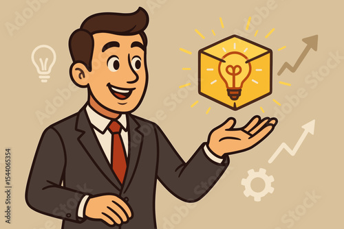 Businessman in suit holding glowing innovation cube with light bulb, symbolizing creative thinking, problem solving, financial strategy, business growth, success, and leadership. Vector illustration