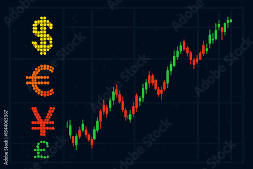 Financial stock market chart with LED currency symbols display, rising and falling candlestick graph, global forex trading, investment data analysis vector illustration