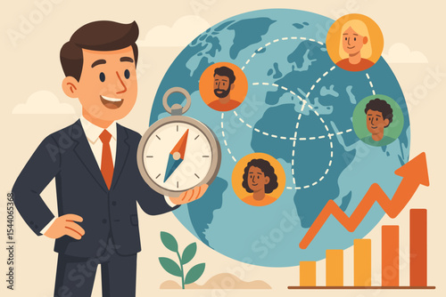 Businessman holding compass for global marketing strategy, international business growth, customer network, teamwork, leadership, world map, upward graph, communication, vector illustration