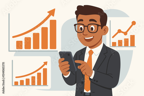 Smiling entrepreneur analyzing financial growth and sales charts on smartphone. Business success, market trends, data analysis, and economic progress via mobile technology vector illustration.