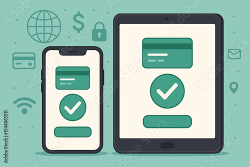 Secure online payment success on smartphone and tablet screens, digital transaction confirmation, credit card processing, global internet finance, wireless ecommerce, fintech vector illustration