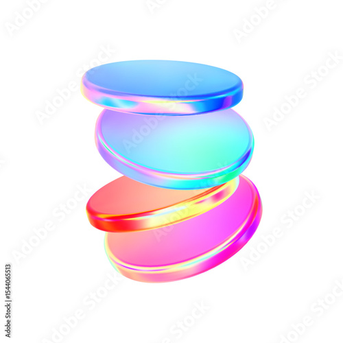 Set 3d hologram colorful disk liquid glass effect. Flying fluid pink, blue, yellow light glossy podium in row. Coin neon gradient. Holographic glass cylinder, disc, round shape. Vector illustration