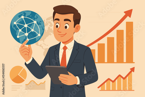 Businessman analyzing global network connections and digital sales data, economic growth concept. Vector illustration of executive with tablet, bar charts, line graphs, international business strategy