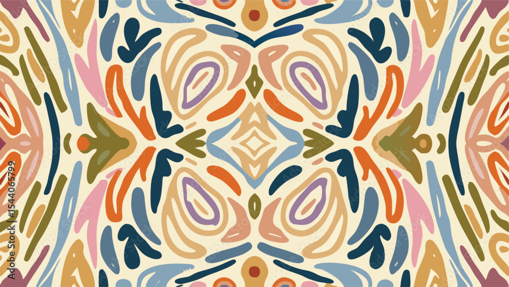 Fototapeta premium Symmetrical abstract pattern featuring organic shapes and a variety of soft pastel colors