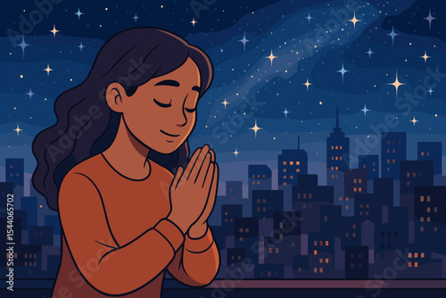 Young woman praying, reflecting peacefully at night in urban cityscape under glittering starry sky. Spiritual meditation, tranquility, hope, inner peace. Vector cartoon illustration.