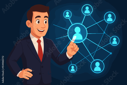Businessman in suit interacting with holographic network interface, digital communication, social media connections, business networking, vector cartoon illustration, technology concept