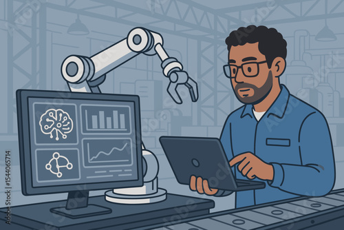 Industrial engineer analyzing artificial intelligence controlled robotic arm using monitoring software in smart factory. Automation technology, data analysis, machine learning, manufacturing process