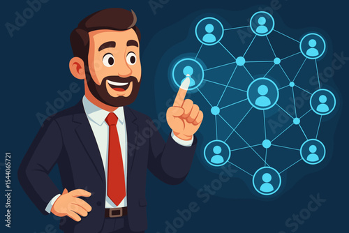 Businessman in suit interacting with digital network. Corporate connections, team management, business communication, social media, human resources, team building, leadership. Vector illustration.