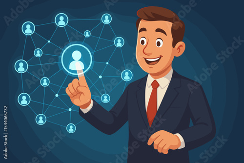 Businessman Touching Virtual Social Network Interface. Corporate Communication, Professional Networking, Digital Recruiting and Human Resources Management Concept. Cartoon Vector Illustration