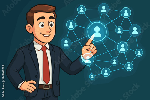 Businessman in Suit Touching Holographic Social Network Interface, Digital Connections, Teamwork, Communication, Team Management, Technology Leadership Concept, Vector Cartoon Illustration