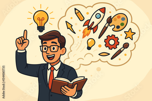 Businessman with Open Book Cartoon Vector. Spark of Creativity, Innovative Ideas, Imagination, Art, Science Symbols. Inspiration, Education, Brainstorm Concept. Creative Thinking Illustration