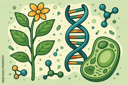 Comprehensive Biology & Biochemistry Vector Cartoon: Botanical Plant, Green Leaves, Yellow Flower, DNA Double Helix, Molecules, Plant Cell, Educational Scientific Diagram.