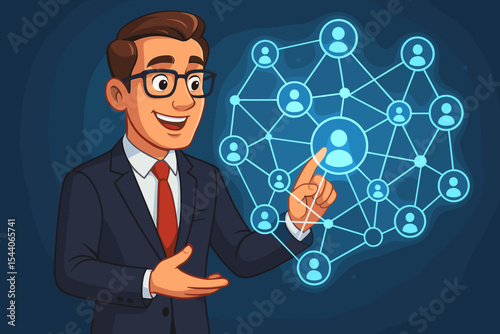 Businessman in Suit Connecting People with Holographic Social Network Interface, Digital Communication, Teamwork, Networking Concept, Vector Illustration for Business Collaboration and Technology