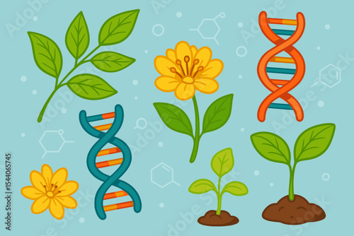 Biochemistry, Plant Genetics, and DNA Structures. Colorful cartoon vector illustration of leaves, flowers, seedlings, and molecular helix symbols. Biology, science, and nature concept.