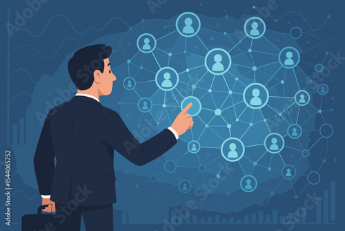 Businessman touching virtual social network, data visualization interface, network of connections, business analytics, digital communication, corporate networking, vector illustration
