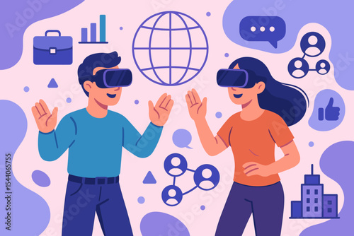 Metaverse Exploration: Virtual Reality Business and Social Networking. People wearing VR headsets interacting with digital technology, global communication, innovation, cartoon vector illustration.