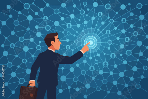 Businessman Connecting Digital Social Network Data Visualization. Corporate Networking, Business Communication, Technology, Online Community, Teamwork, Big Data, Internet, Vector Illustration
