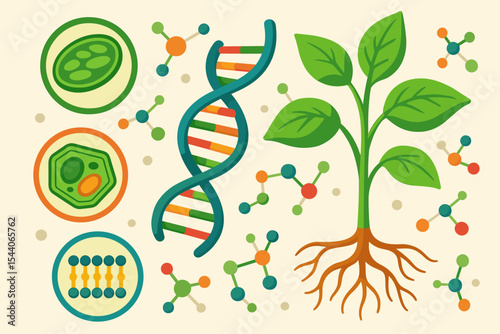 Biochemistry Plant Science Vector Illustration: Detailed DNA Helix, Green Chloroplast, Microscopic Plant Cell Structure, and Molecular Models for Botanical Research, Genetic Biology, and Education.