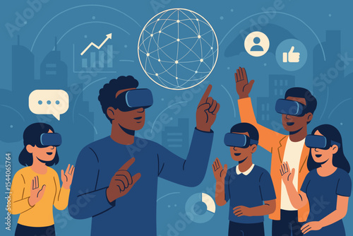 Metaverse Virtual Reality Experience for Business, Social Networking. Diverse People Exploring Immersive Digital World, Future Technology, Global Connectivity. Cartoon Vector Illustration.