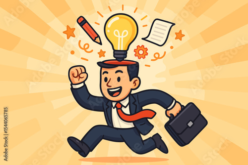 Cartoon businessman running with briefcase, lightbulb idea, creative inspiration, innovation concept, success motivation, business solution, productivity, imagination, teamwork, vector illustration