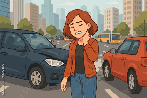 Woman with whiplash injury after car accident. Female driver holding neck in pain after traffic collision on a city street. Insurance claim concept. Road safety cartoon vector.