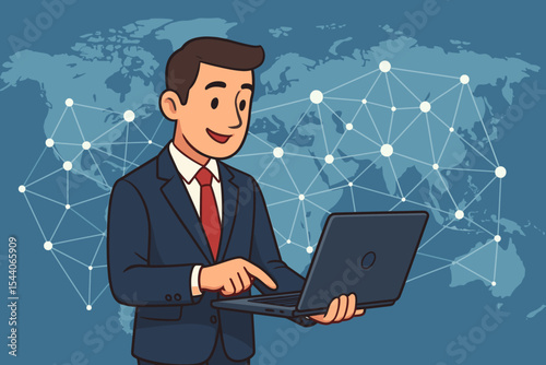 Businessman using laptop on global digital network background. Corporate communication, online connection, international business, data exchange. Vector cartoon illustration for technology concept.