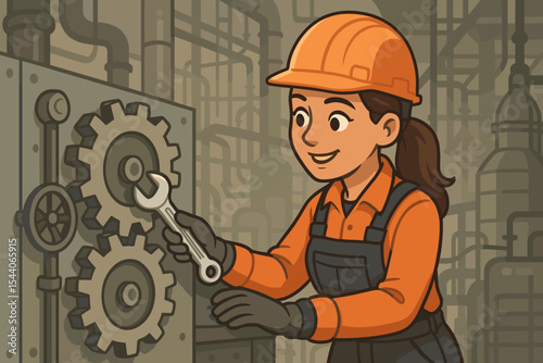 Empowered female engineer technician worker in hard hat, overalls, performing industrial maintenance and repair with wrench on machine gears in factory setting. Skilled labor vector art.