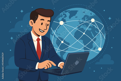 Businessman using laptop with global network connection, internet communication, digital technology, online business, remote work, worldwide connectivity, vector illustration, corporate concept